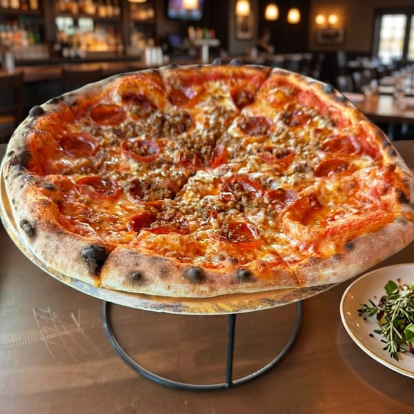 A large pepperoni and sausage pizza on a stand, with a blurred restaurant interior in the background.