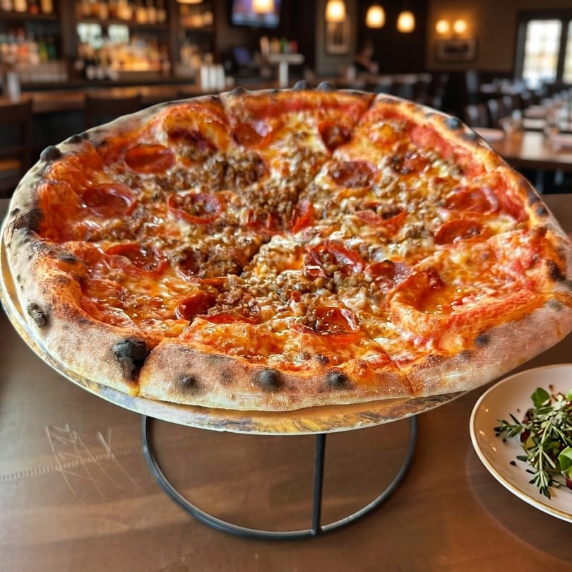 A large pepperoni and sausage pizza on a stand, with a blurred restaurant interior in the background.